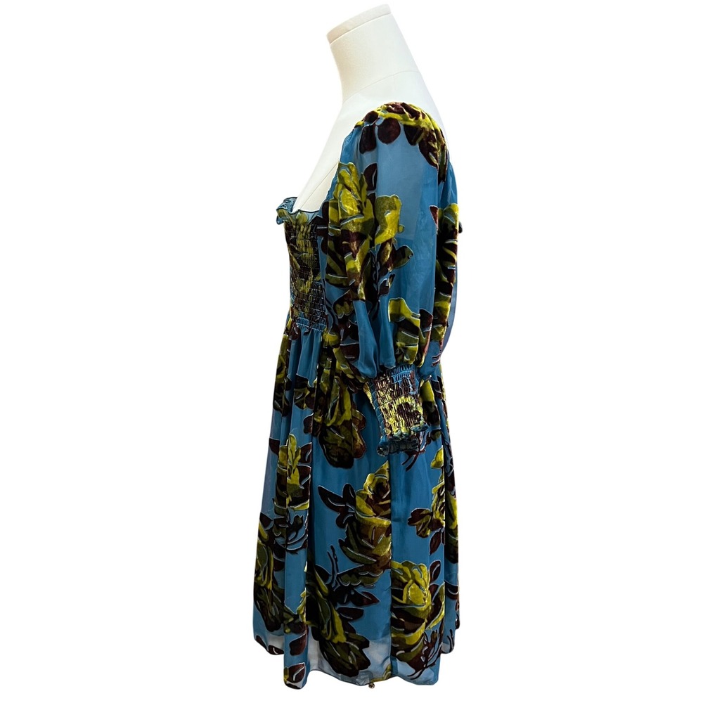 Betsey Johnson Teal Velvet Burnout Puff Sleeve Floral Silk Babydoll Dress M - Picture 4 of 10